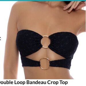Luli Fama Black BRILLA Double Loop Bandeau Bikini Top Size SM